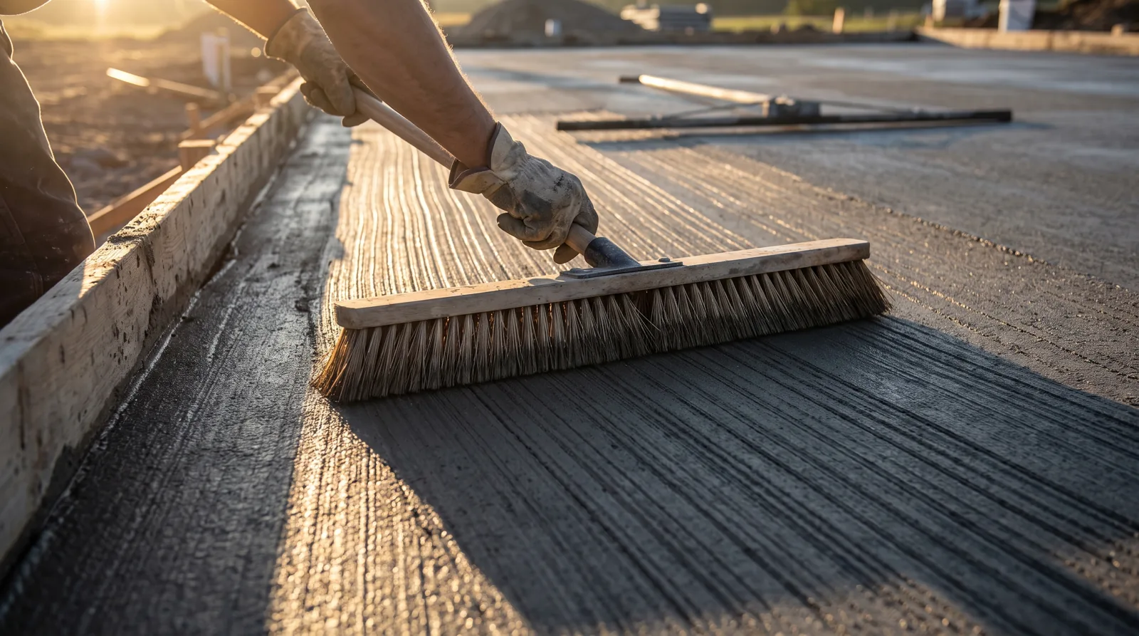 Close-up of a broom finish being pulled across fresh concrete