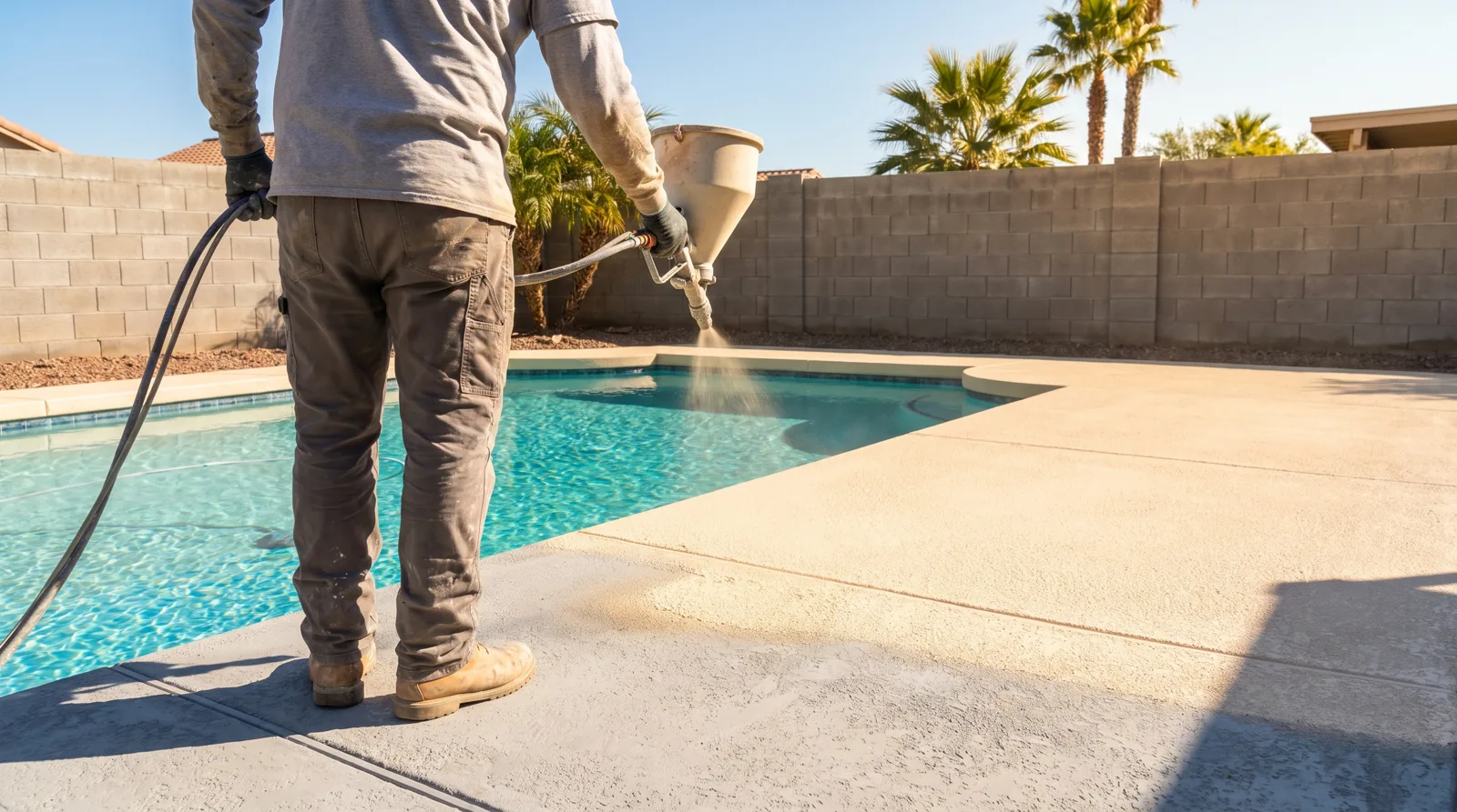 Cool-deck acrylic coating being applied to a pool deck
