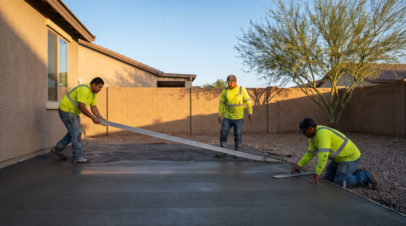 Crew screeding a fresh slab early in the morning to beat the Arizona heat
