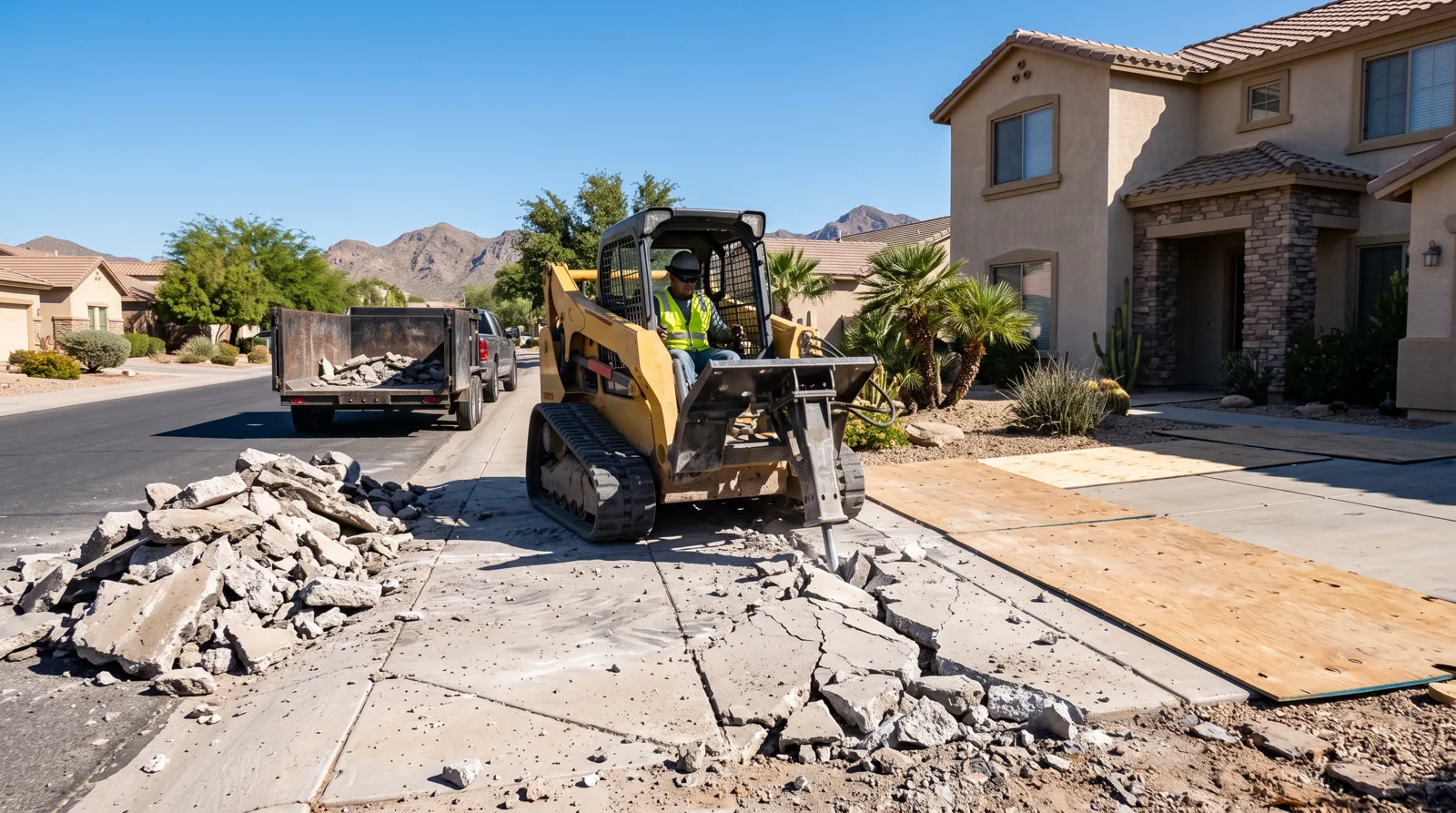 Skid steer breaking out an old cracked driveway for replacement