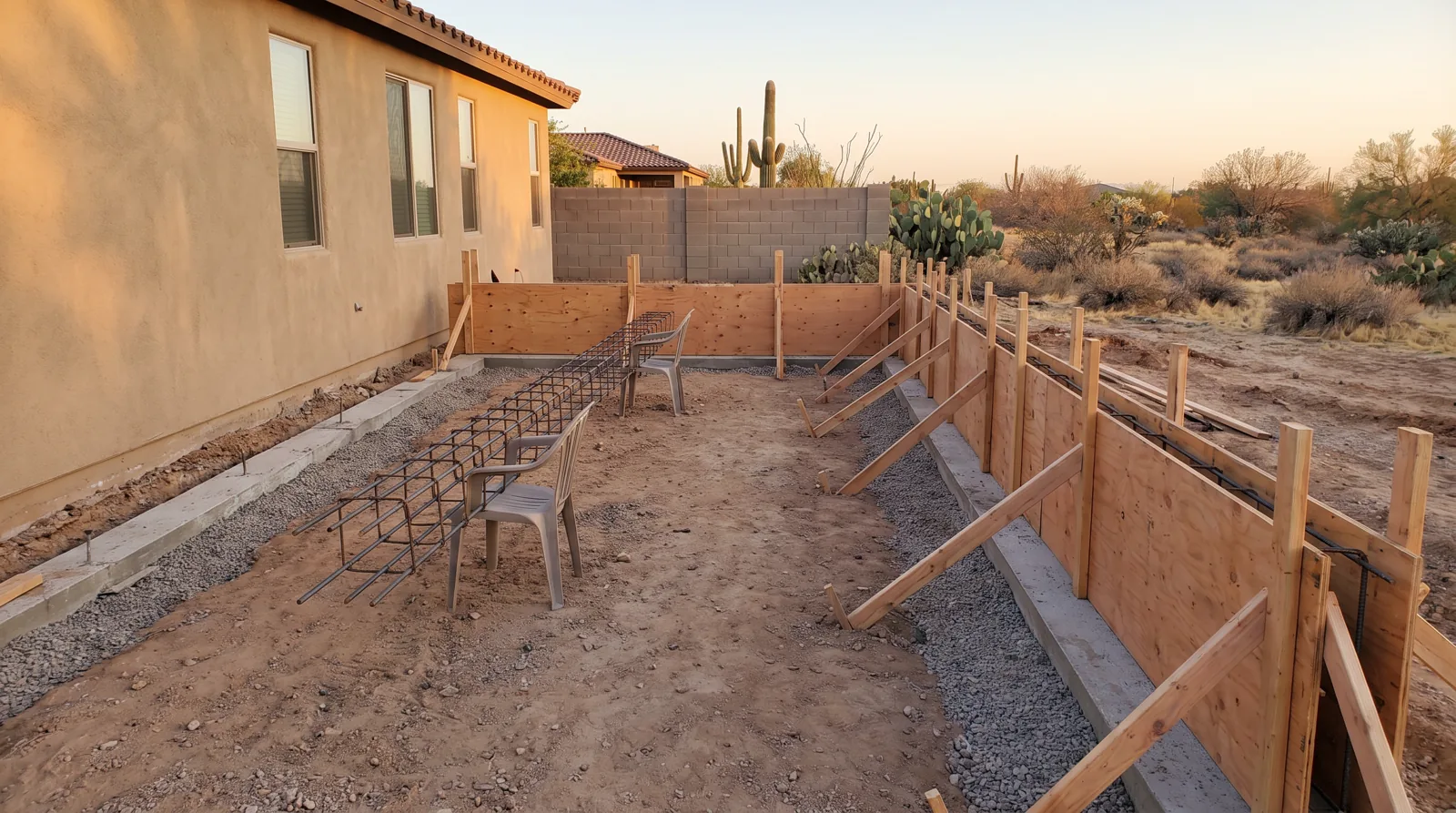 Formed and reinforced footings for a room addition before the pour