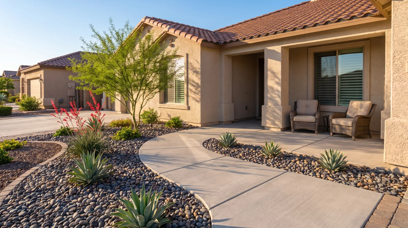 Curved front walkway and porch slab with desert plants