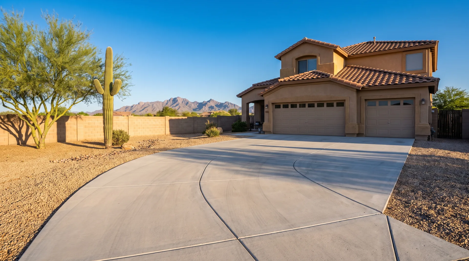 New broom-finished concrete driveway at a stucco home in Surprise, AZ at sunrise