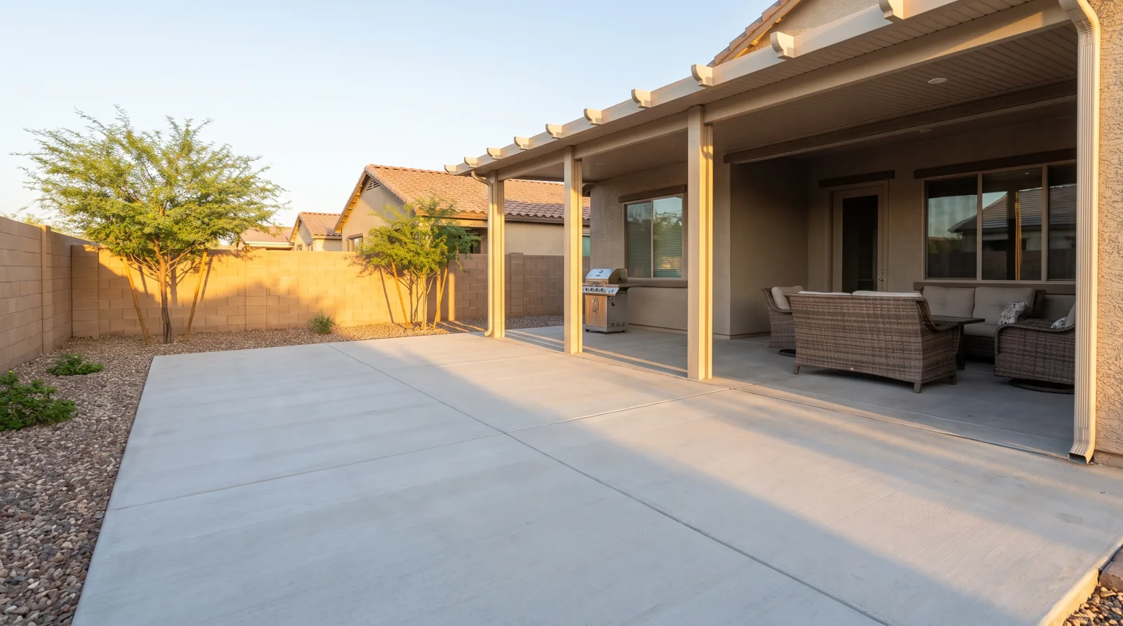 Backyard concrete patio with a block wall and desert landscaping