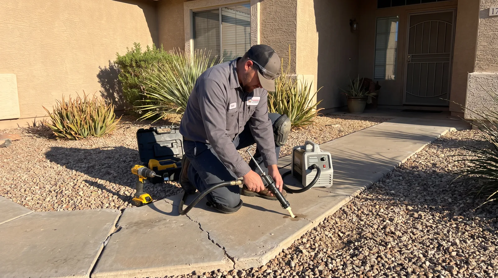 Technician lifting a sunken walkway slab with polyurethane foam injection