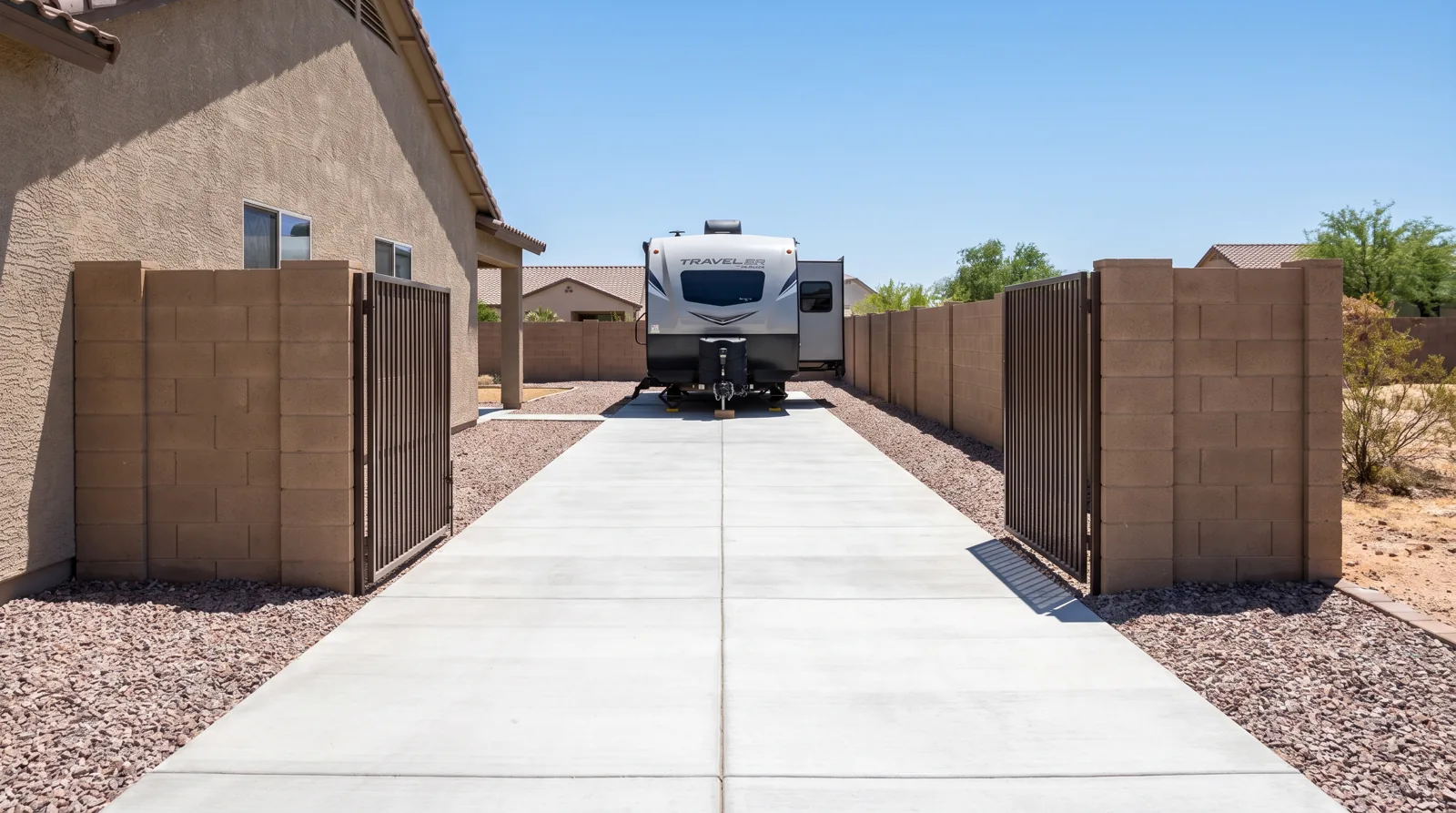 Six-inch reinforced RV pad through a side-yard RV gate