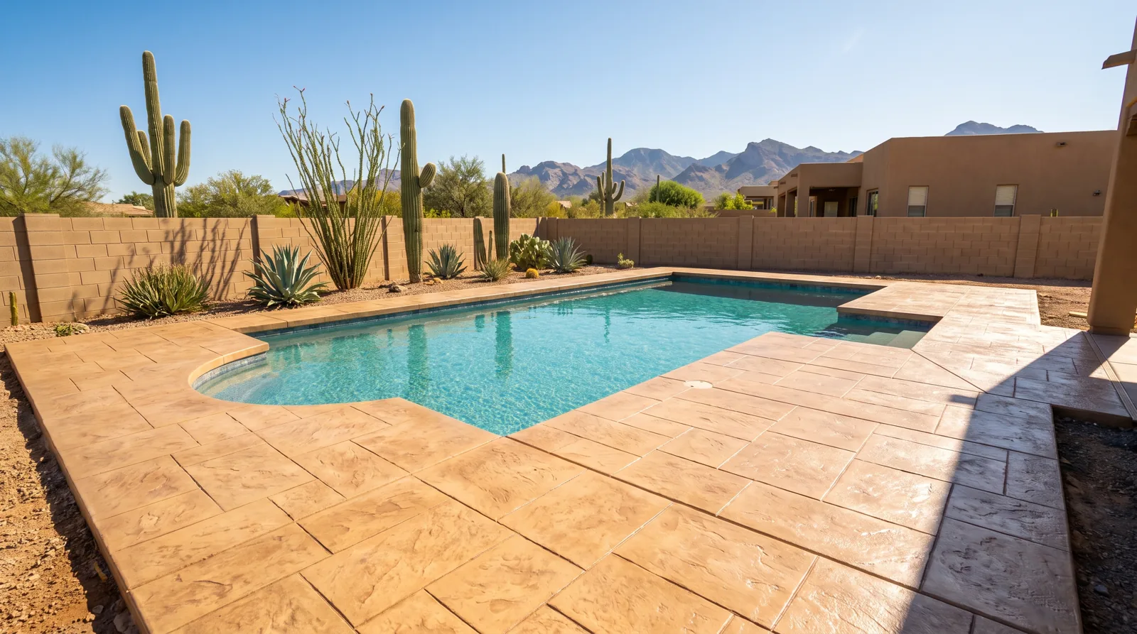 Stamped concrete pool deck in a warm sand color around a backyard pool
