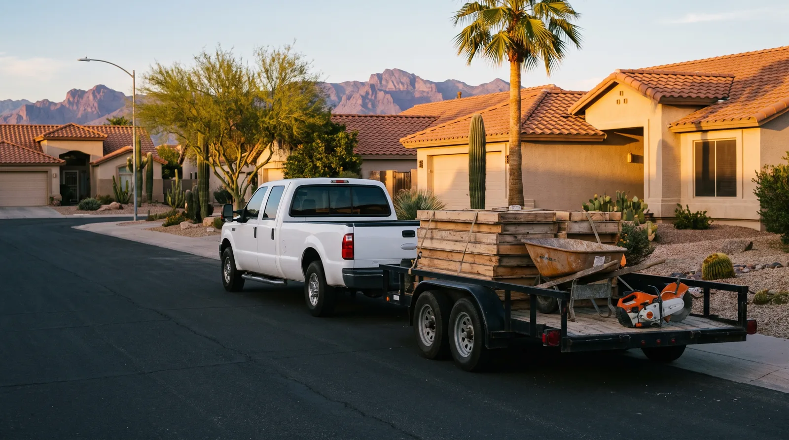 Surprise Concrete Co. truck and trailer parked on a residential street